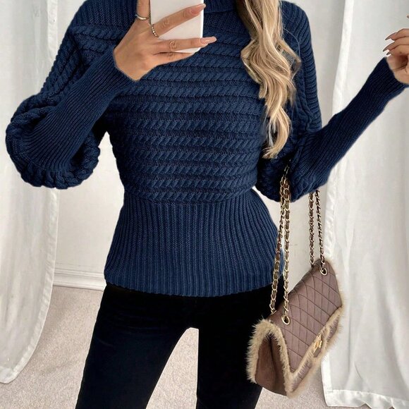 Navy Blue Casual Women's Turtleneck Sweater - Picture 5 of 6